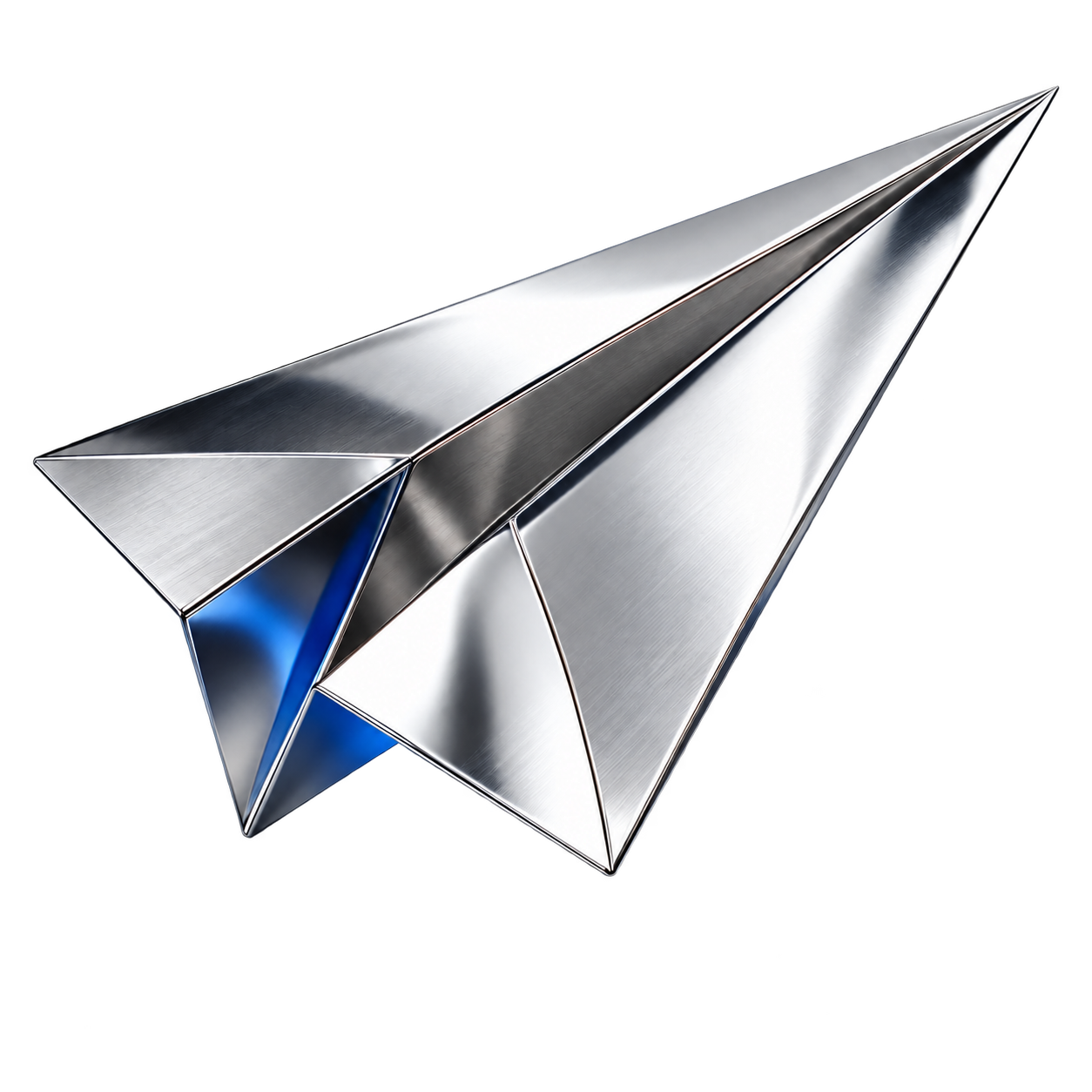 Sculptural silver paper plane with electric blue reflections, inspired by the Apex Reach mark